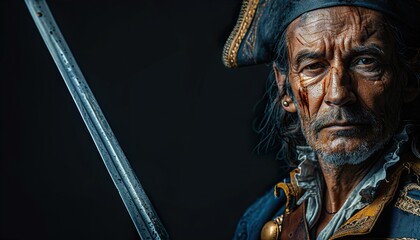 Portrait of brutal horrendous man, medeival pirate in vintage costume holding sword isolated 