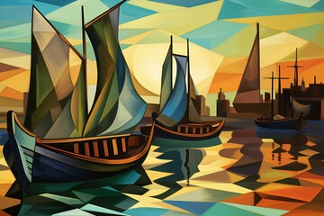 Sailing boats in the sea at sunset,  Colorful illustration