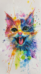 a colorful watercolor portrait of a happy Munchkin Cat with its tongue out ,minimalist