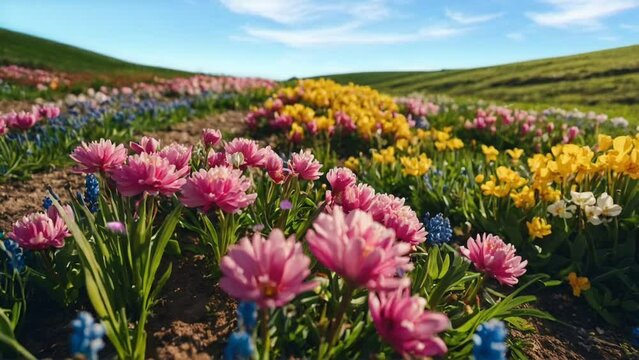 field of tulips, seamless looping animation video background 