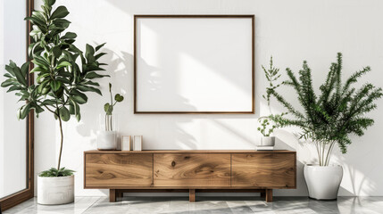 A white framed picture hangs on a wall next to a wooden entertainment center. The entertainment center is filled with potted plants, including a tall plant and a smaller one. The room has a clean