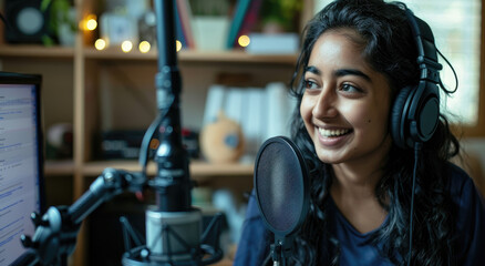 A young Indian woman with headphones smiling and talking into an audio microphone in front of her, sitting behind a desk at home