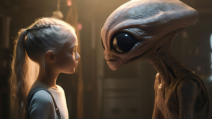 A little cute girl communicates with an alien. Communication and knowledge of aliens with large heads and huge eyes	
