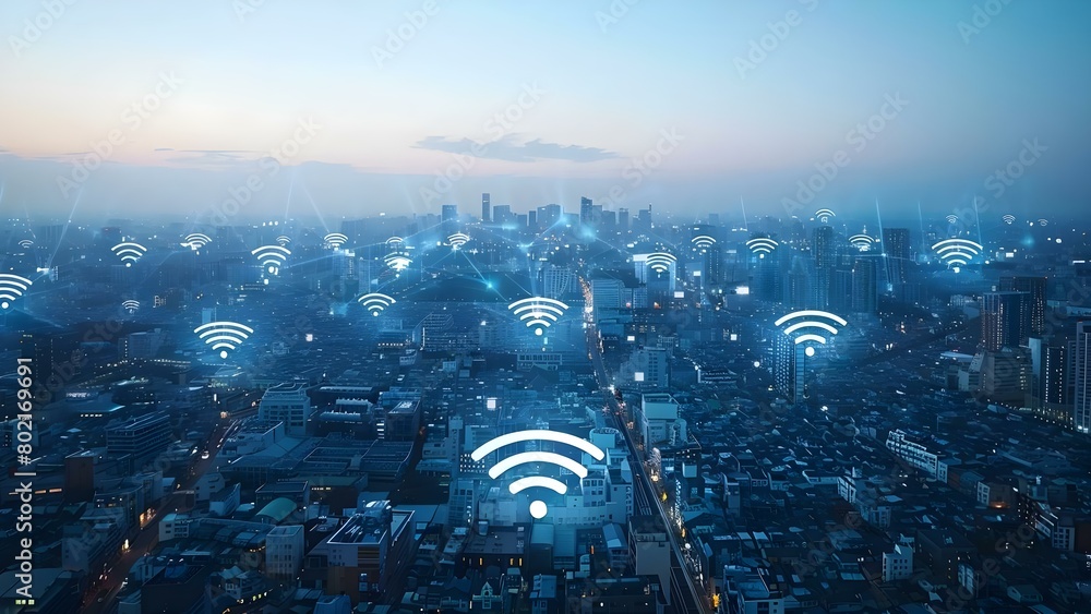 Poster mapping the interconnectivity and wifi coverage of a smart city from above. concept smart city inter