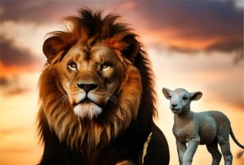 Most vibrant sky sunset with fiery tones. a lion and a lamb living in harmony. Large imposing...