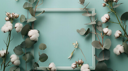 Beautiful cotton flowers with eucalyptus leaves 