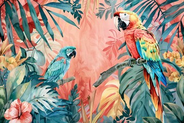 Watercolor tropical background with parrots and palm leaves,  Illustration