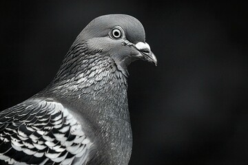 Pigeon on a black background,  Close-up,  Monochrome