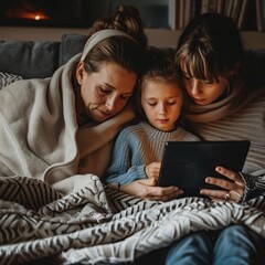 Mother and daughter watching a documentary on a tablet. cuddled under a blanket on the couch. highlighting family bonding.
