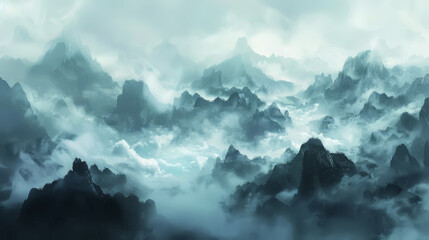 Ethereal blue mountains shrouded in mist and haze convey a serene and mysterious atmosphere