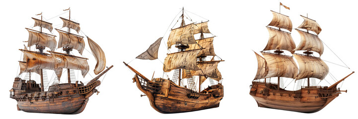 Set of  sailing old pirate ship made with wood on a transparent background