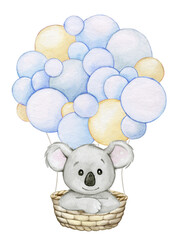 Koala, sitting in a wicker basket, with balloons of different colors. Watercolor clipart on an isolated background.