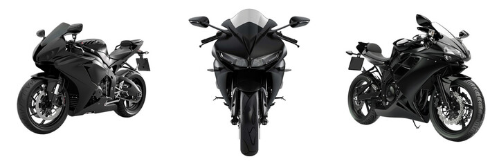 Set of black sport bike motorcycle on a transparent background