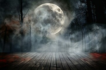 Wooden floor and full moon at night in the forest,  Halloween background