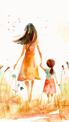 Colorful illustration of Mother and daughter with flowers in watercolor painting style - ai generative