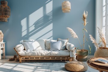 Serene Blue Living Room Interior with Stylish Rattan Furniture and Decor