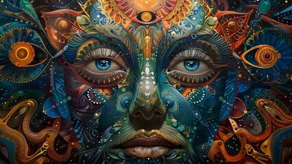 Vibrant and detailed portrait evokes profound spiritual experience with intricate psychedelic patterns. Concept Psychedelic Portraits, Vibrant Colors, Detailed Patterns, Spiritual Experience