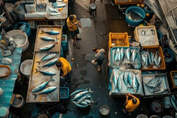 Bustling Fish Market Scene with Vendors and Fresh Seafood Selection