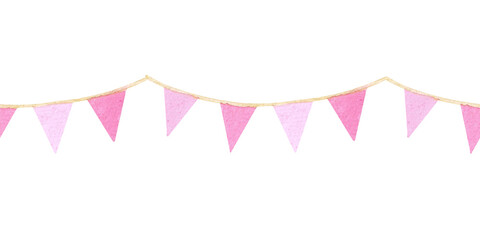 Watercolor seamless border with a garland of pink flags. Hand drawn border isolated on white background. Design of greeting cards, party decoration, invitations, birthday. Cute girly style