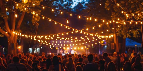 Enchanting Evening Outdoor Concert with Sparkling Lights and Festive Crowd