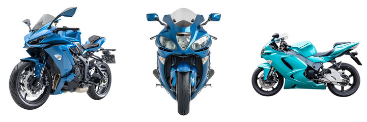 Set of blue sport bike motorcycle on a transparent background