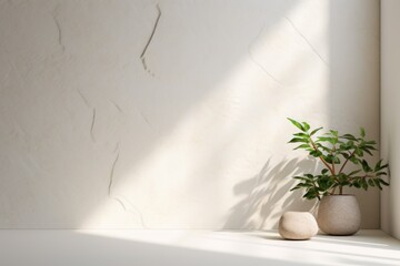 White minimalistic abstract empty stone wall mockup background for product presentation. Neutral industrial interior with light, plants, and shadow
