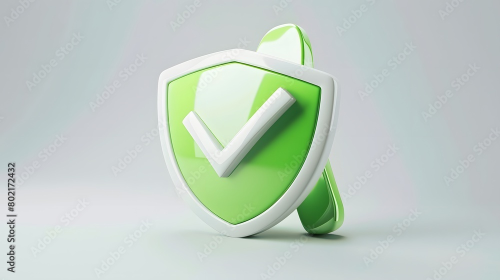 Wall mural cartoon 3d icon safety shield check mark perspective . green symbol security safety icon. checkmark 