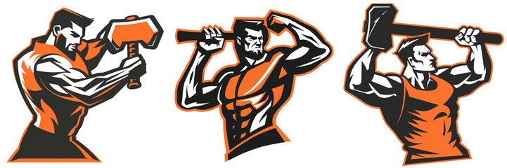 Set of dynamic orange hammer high school sports team on a transparent background