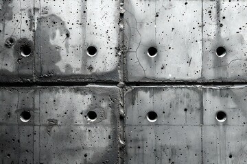 Metal background with rivets and holes,  Black and white photo
