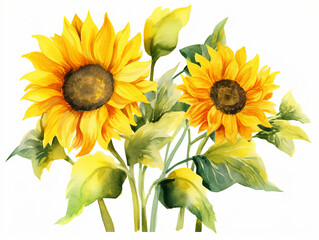 Watercolor of Two sunflowers are in a bouquet with green leaves, on isolated white background