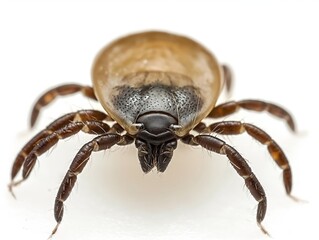 Macro shot of a tick against a white background highlighting its detail.