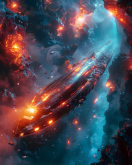 Fototapeta premium Alien Submersible Navigating Bioluminescent Abyss in Vibrant Futuristic Digital Painting