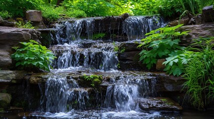 cascading waterfalls intertwine with emerald green foliage. Jungle waterfall. AI Generative