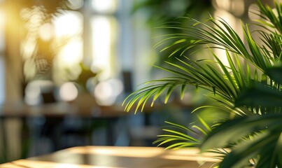 Blurred photo of sunny morning office workspace blurred background with no people and green tropical plants