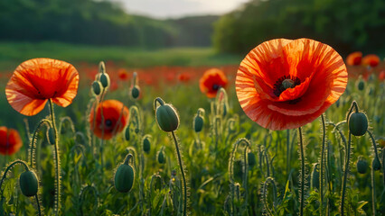 Fototapeta premium Beautiful poppies flower on the field. Generated with AI