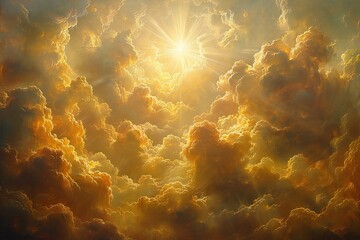 Fantasy cloudscape with sun in the sky,   illustration - obrazy, fototapety, plakaty