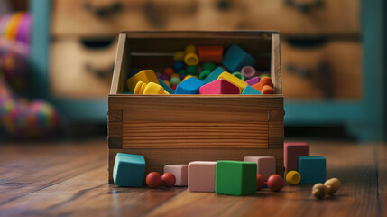 A wooden toy chest filled with colorful blocks and rattles, waiting for a baby's curious exploration