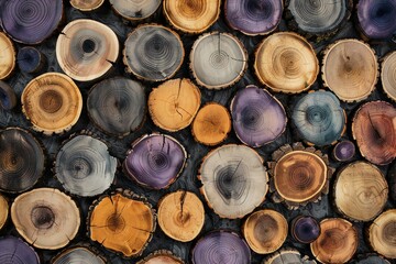 Wooden texture background, top view of chopped tree trunk with annual rings - obrazy, fototapety, plakaty