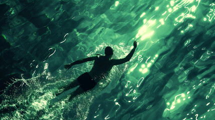 Aerial view of a person swimming in glowing green water, creating ripples and splashes that highlight movement and light.