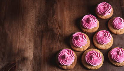 Freshly baked sugar cookies with pink frosting on wooden table. Tasty food. Delicious snack.