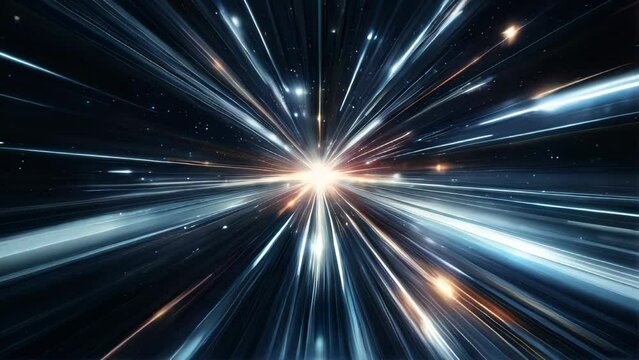 Ray of Light on Black Cosmic Space Background.  Time Travel Adventure and Journey Through the Cosmos. Bright Fantasy Virtual Light Energy Glowing Motion. 