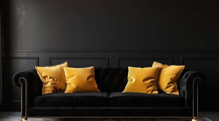 Obraz premium Black sofa with golden pillows against dark wall. Minimalist interior design of a modern living room, cinematic lighting, high resolution photography