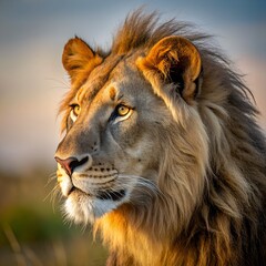 A detailed close-up of a majestic male lion with a mane illuminated by the golden light of sunset, giving a serene and noble feel to the creature