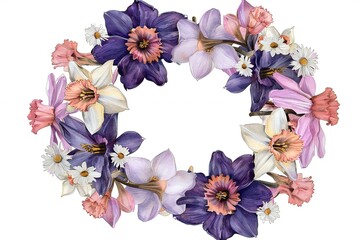 Floral wreath of daffodils, narcissus and crocus flowers isolated on white background