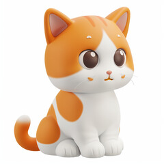 A cute 3D cartoon cat with big eyes and a fluffy tail, sitting on a white background. The cat is orange and white, with a pink nose and black whiskers.