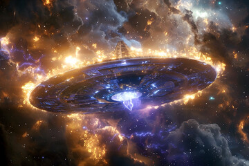 Obraz premium Celestial Entity Guiding a Spacecraft on a Perilous Interstellar Voyage Across the Cosmic Landscape