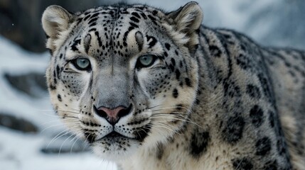 Majestic Snow Leopard in the snowy mountains, background image, stock photo