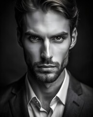 Fototapeta premium Intense black and white portrait of a man with sharp features and a captivating gaze, embodying masculinity and mystique