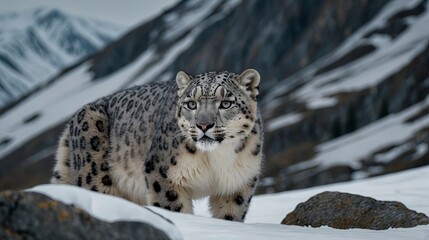 Obraz premium Majestic Snow Leopard in the snowy mountains, background image, stock photo