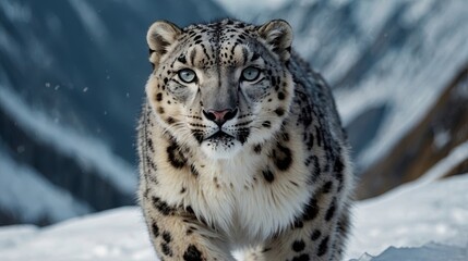 Obraz premium Majestic Snow Leopard in the snowy mountains, background image, stock photo